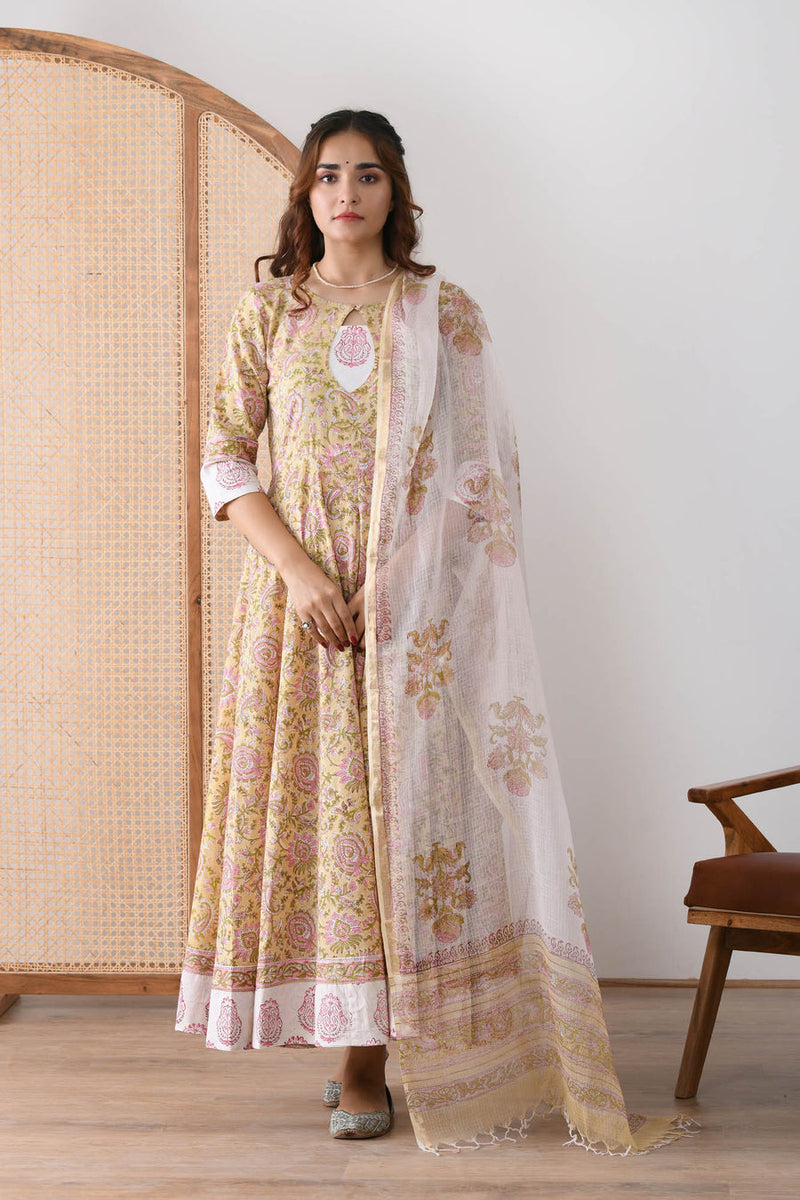 Yellow Floral White Buti Patch Dress with Dupatta