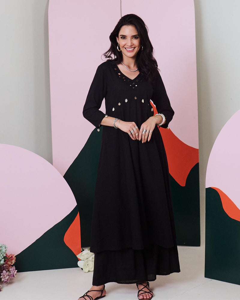 Ajuni Black Mirror Embroidered Kurta -Palazzo Set