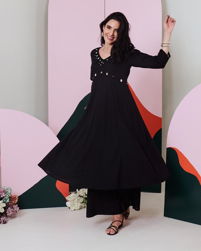 Ajuni Black Mirror Embroidered Kurta -Palazzo Set