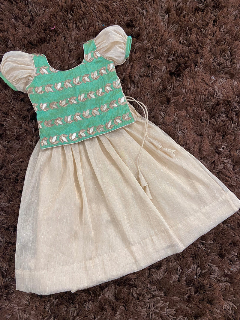 Teal Brocade Worked Top with Gold Khadhi Tissue Skirt Mini