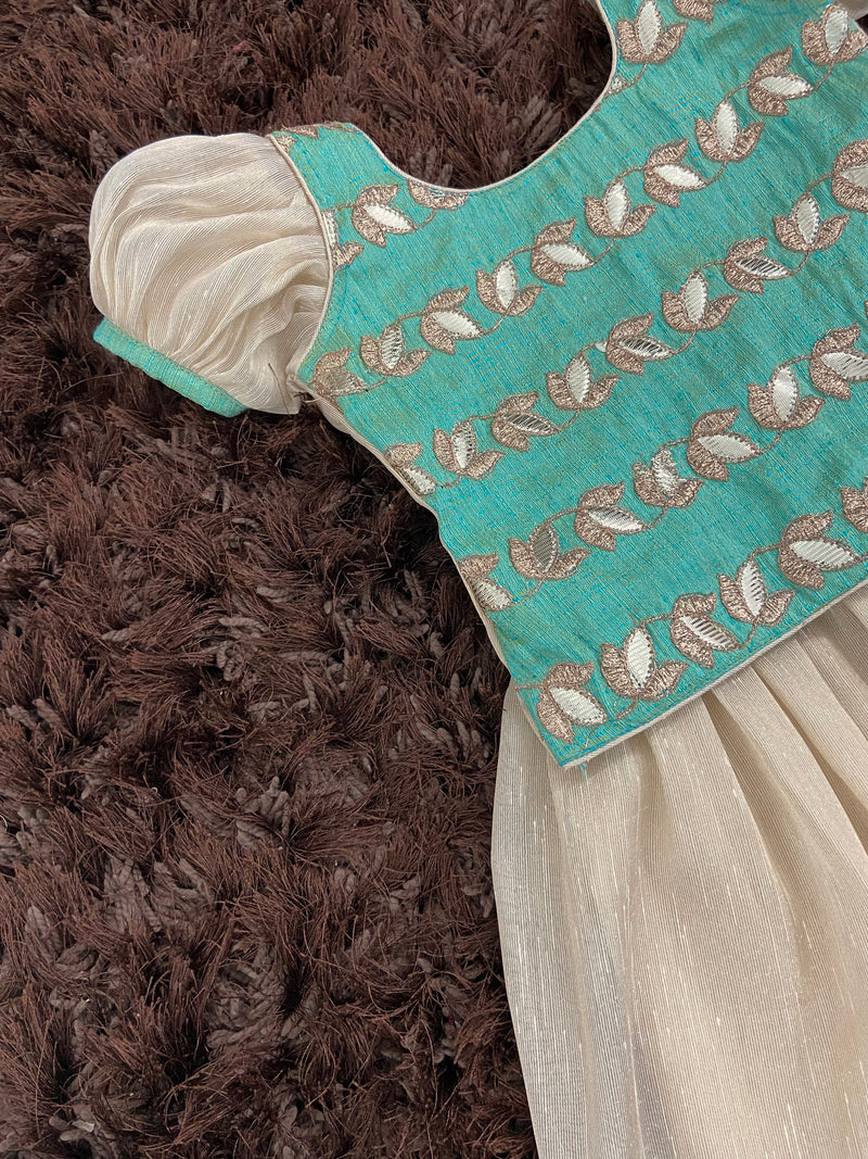 Teal Brocade Worked Top with Gold Khadhi Tissue Skirt Mini