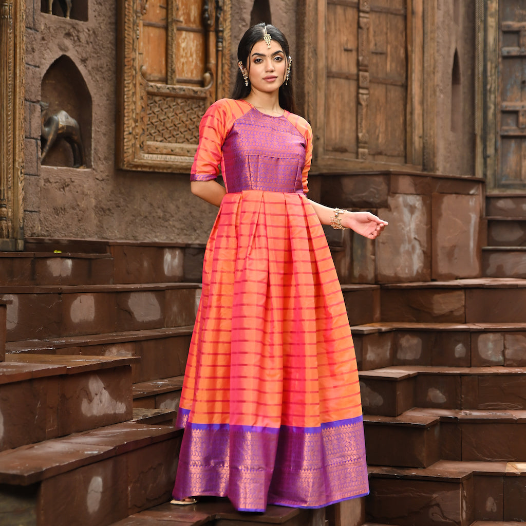 Raspberry+Pink+Sungudi+Handloom+Zari+Gown+ | Long gown dress, Indian saree  dress, Gowns dresses