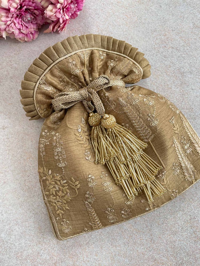 Arbre Silk Embroidered Potli Bag - Dull Gold