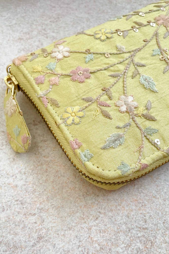 Blossom Silk Embroidered Wallet - Yellow