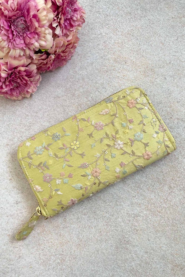 Blossom Silk Embroidered Wallet - Yellow