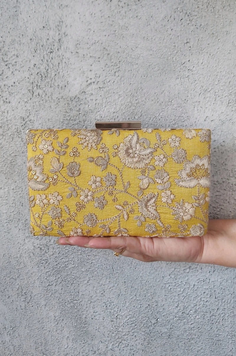 LEYA EMBROIDERED CLUTCH WITH SLING - YELLOW